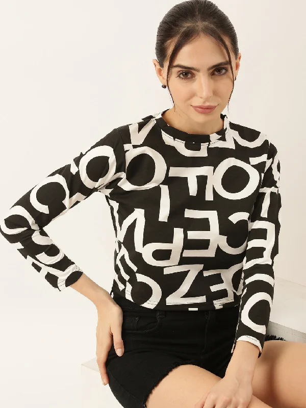 Floral Print Women T Shirt for a Feminine TouchWomen Black Printed Crop T Shirt