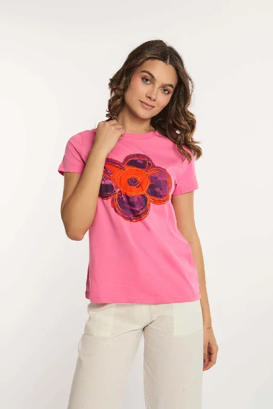 Distressed Women T Shirt with a Laid - Back AestheticWomen Shirt - Pink