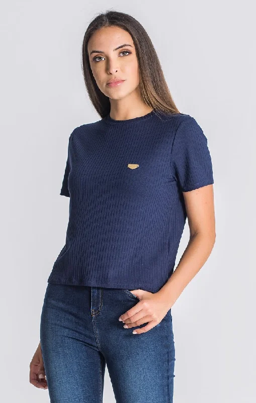 Puff Sleeve Women T Shirt for a Fashion - Forward LookNavy Blue Core Ribbed Tee