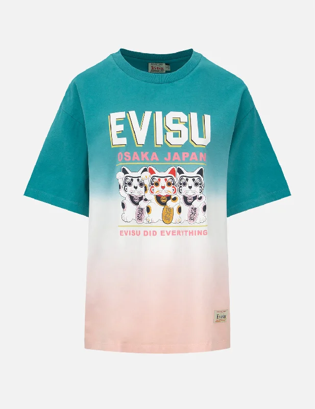 Long Sleeve Women T Shirt for Cooler WeatherFortune Cat Print Tie-dyed T-Shirt