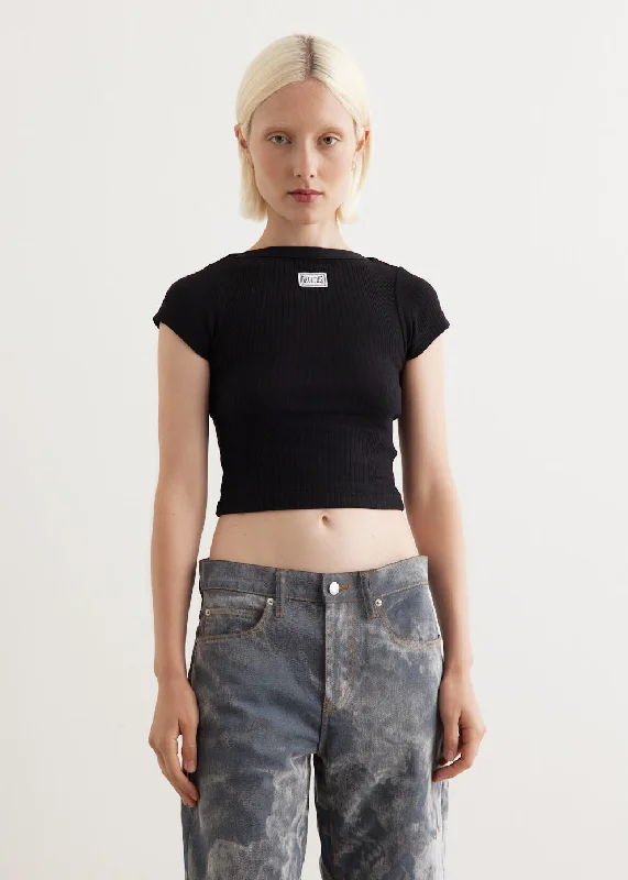 Distressed Women T Shirt with a Laid - Back AestheticCrop Baby Tee With Gaultier Patch Distressed Women T Shirt with a Laid - Back AestheticCrop Baby Tee With Gaultier Patch