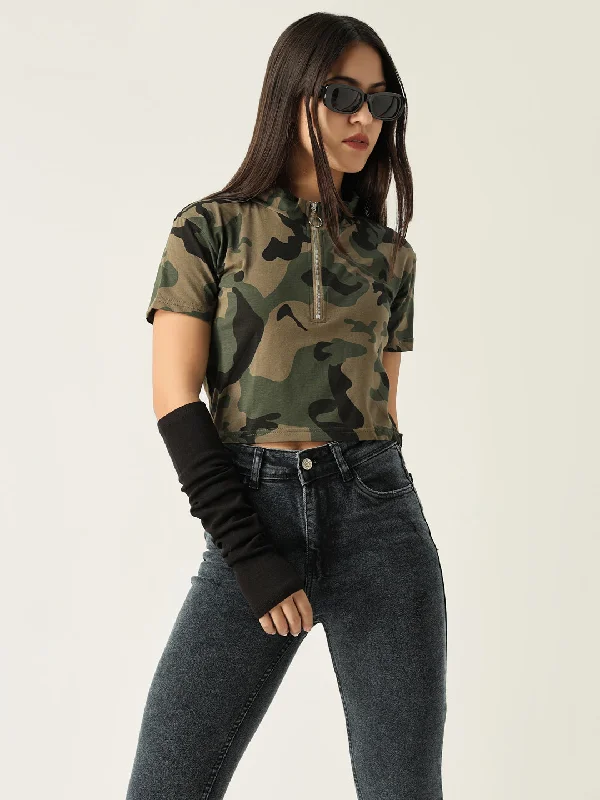Floral Print Women T Shirt for a Feminine TouchWomen Graphic Olive Crop T Shirt