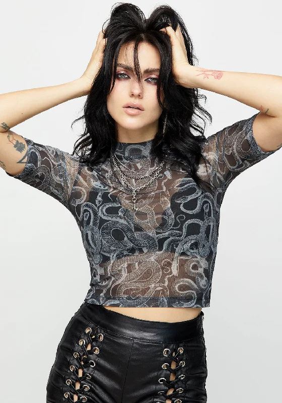 Sheer Women T Shirt for a Stylish and Alluring LookSerpente Print Mesh Short Sleeve Crop Top Sheer Women T Shirt for a Stylish and Alluring LookSerpente Print Mesh Short Sleeve Crop Top