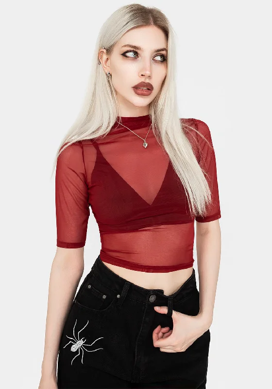 Puff Sleeve Women T Shirt for a Fashion - Forward LookJinx Mesh Short Sleeve Top - Red