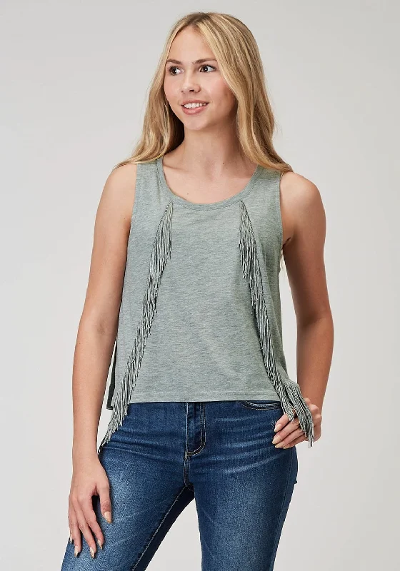 Plus Size Women's Embroidered Tank Tops in Boho StylesRoper Womens Scoop Neck Fringe Grey Poly/Cotton S/L Tank Top