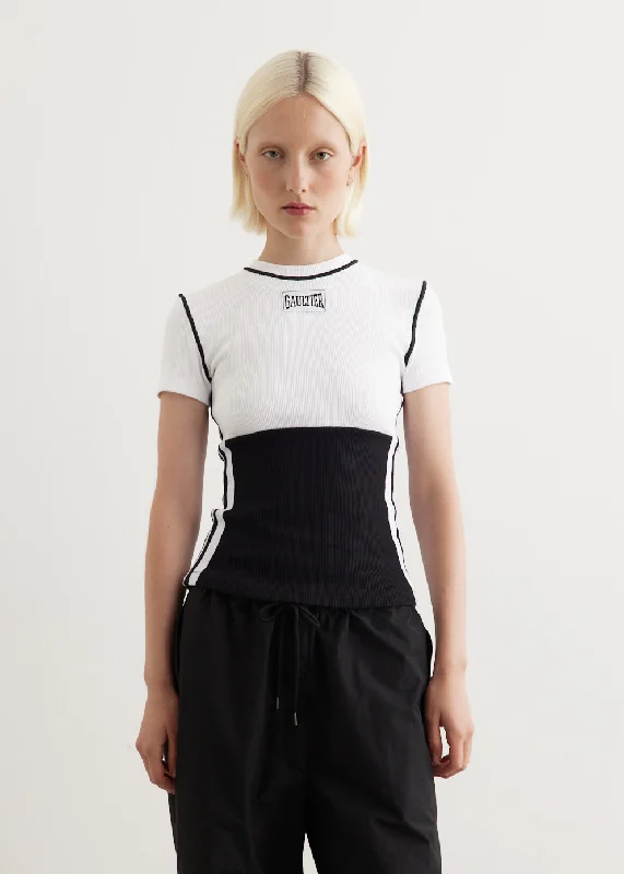 Long Sleeve Women T Shirt for Cooler WeatherColour Block T-Shirt With Gaultier Patch Long Sleeve Women T Shirt for Cooler WeatherColour Block T-Shirt With Gaultier Patch