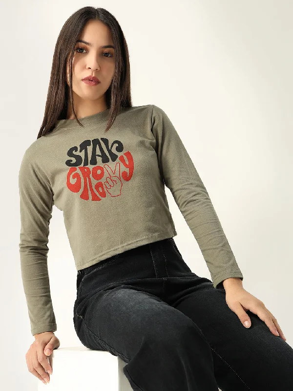 Embroidered Women T Shirt with Intricate DetailsWomen Graphic Olive Crop T Shirt