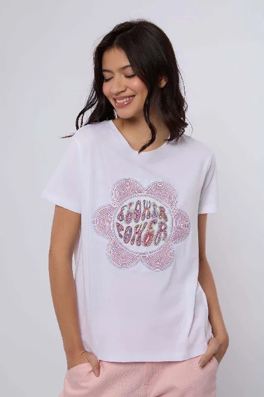 Distressed Women T Shirt with a Laid - Back AestheticWomen Shirt - White