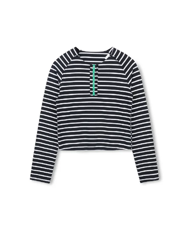Long Sleeve Women T Shirt for Cooler WeatherStriped Raw Placket T-Shirt
