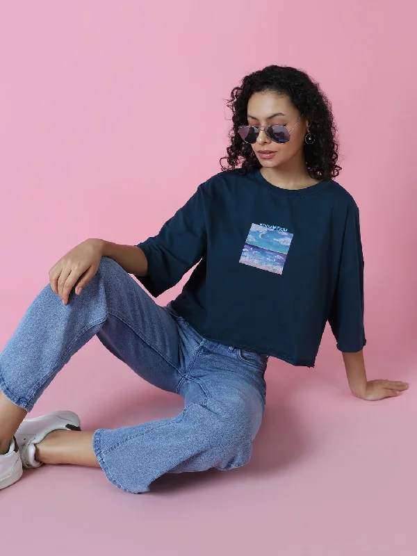 Organic Cotton Women T Shirt for Eco - Conscious WearersWomen Graphic Teal Boxy Crop T Shirt Organic Cotton Women T Shirt for Eco - Conscious WearersWomen Graphic Teal Boxy Crop T Shirt