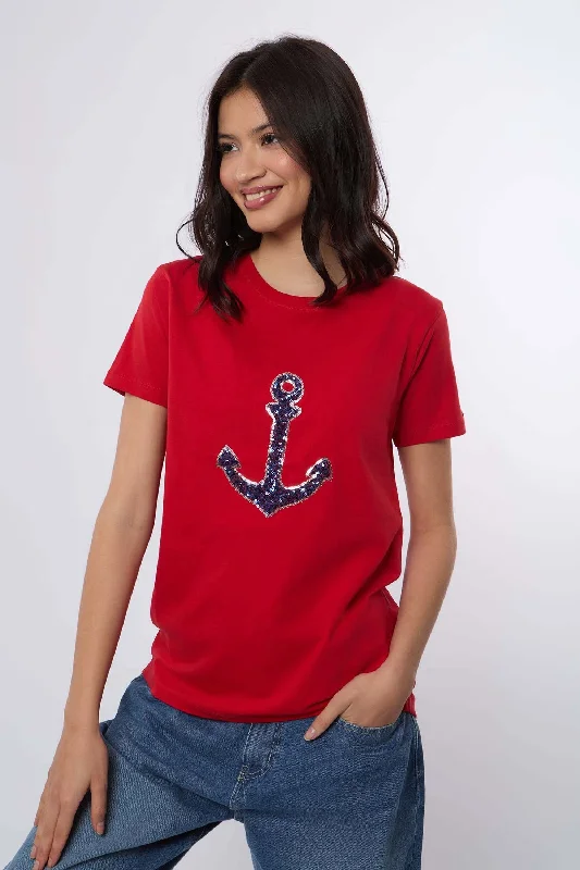 Sequined Women T Shirt for a Sparkly Night OutWomen Shirt - Red