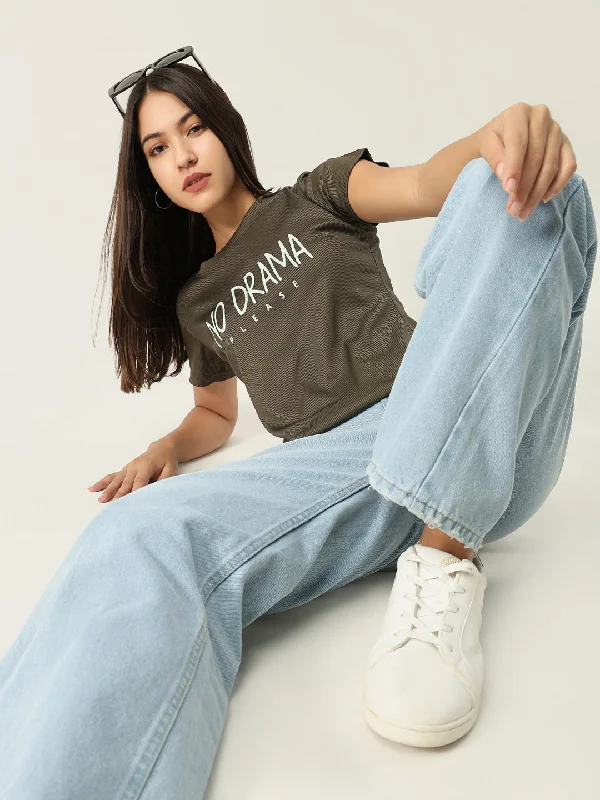 Embroidered Women T Shirt with Intricate DetailsWomen Graphic Olive T Shirt