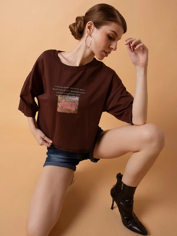 Floral Print Women T Shirt for a Feminine TouchWomen Graphic Brown Boxy Crop T shirt Floral Print Women T Shirt for a Feminine TouchWomen Graphic Brown Boxy Crop T shirt