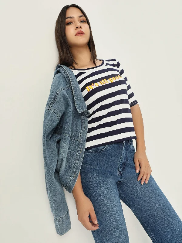 Tie - Dye Women T Shirt with a Bohemian VibeWomen Striped Navy Blue T Shirt
