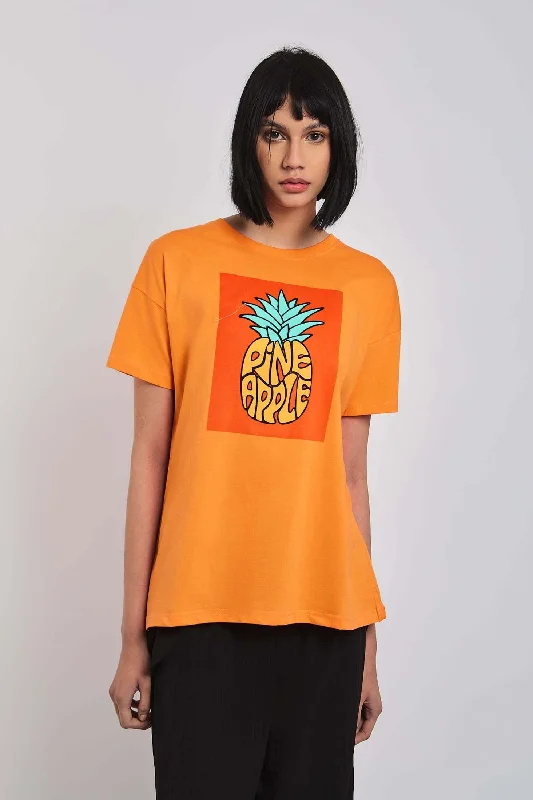 Distressed Women T Shirt with a Laid - Back AestheticWomen Shirt - Orange