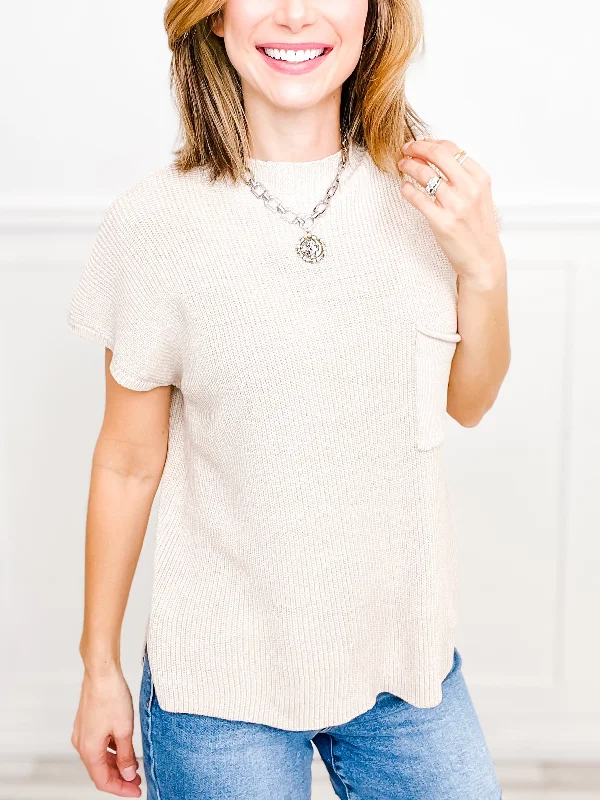 Plus Size Women's Embroidered Sweaters in Ethnic StylesBasic Obsession Short Sleeve Knit Top with Front Accent Pocket