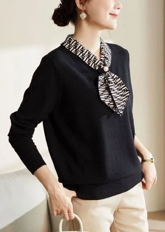 Boat Neck Women's Merino Wool Sweaters in Neutral ShadesBeautiful Black Bow Collar Print Knit Blouses Long Sleeve