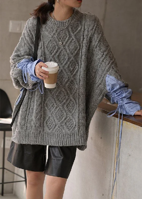 Cute gray knitted blouse casual o neck patchwork clothes For Women