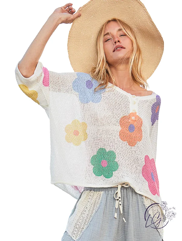 Split - Hem Women's Linen Blend Sweaters for SpringIvory Bloom Pullover