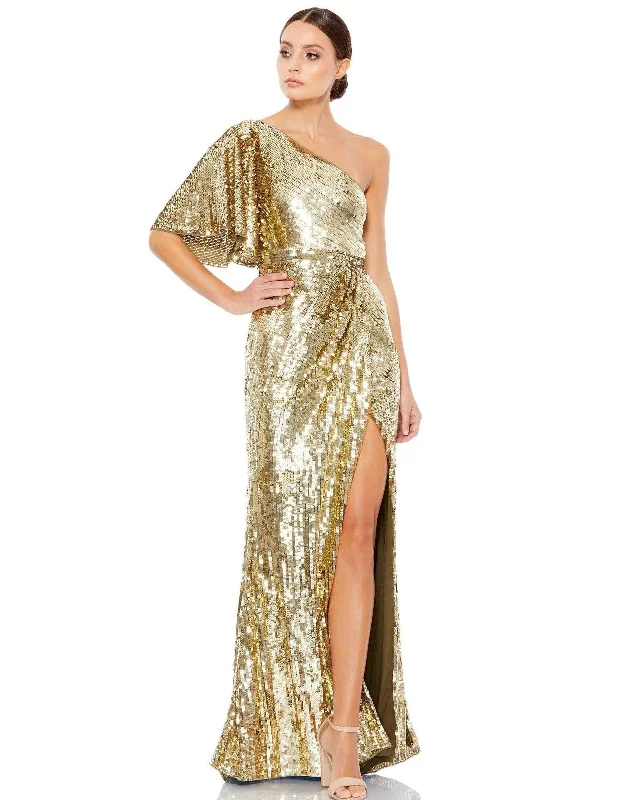 Printed maxi dresses with abstract patterns for an artistic look Gold 6 Mac Duggal 93540 Long One Shoulder Bell Sleeve Gown Sale