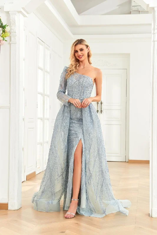 Velvet maxi dresses with long sleeves for winter weddings High Couture NR2272 Long One Shoulder Formal Prom Dress