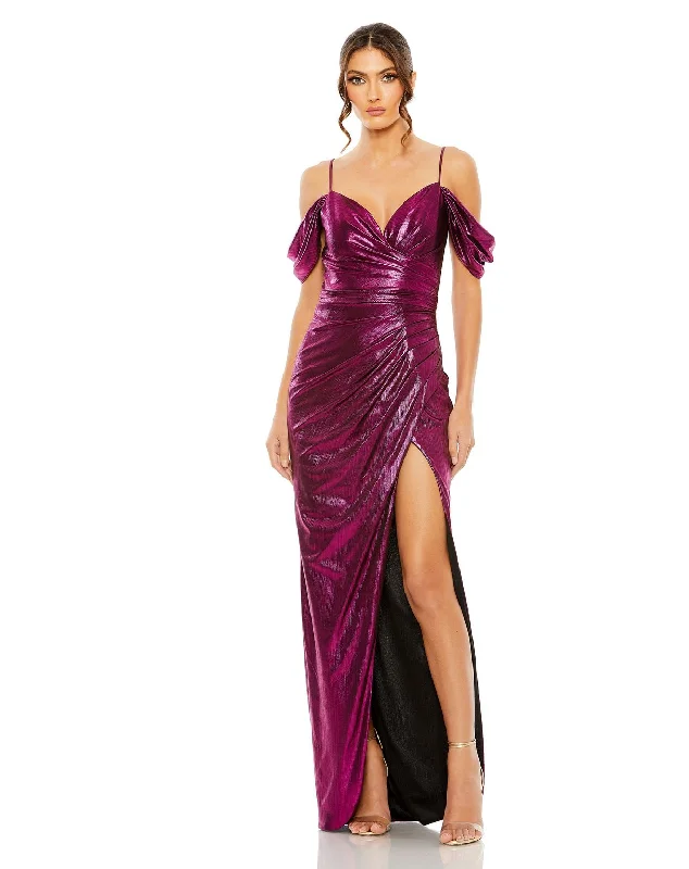Maxi dresses with mesh panels for a sexy and trendy appearance Mac Duggal 27091 Formal Evening Metallic Long Dress