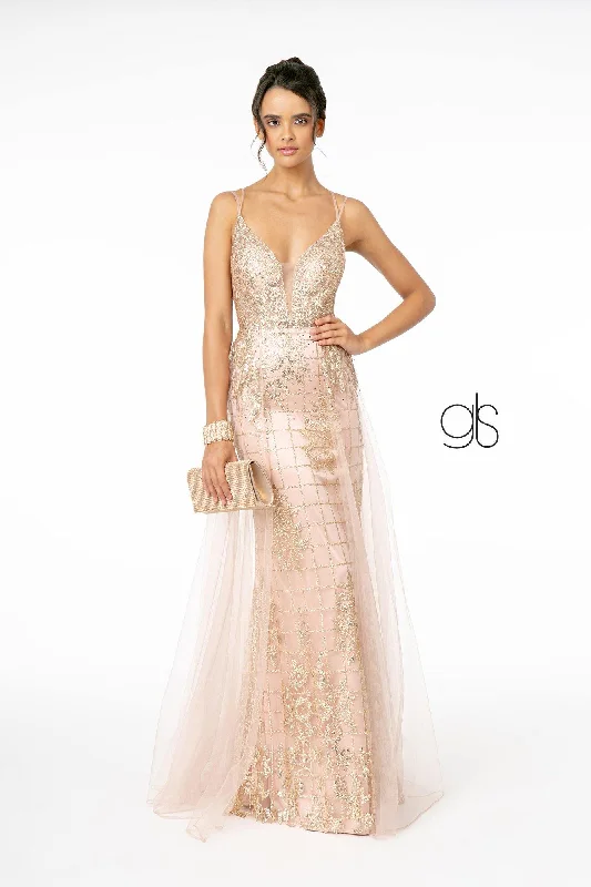 Linen maxi dresses for a breathable and lightweight summer option Glitter Mesh Illusion Deep V-Neck Long Prom Dress