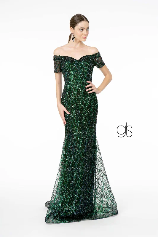 Maxi dresses with a ruffled neckline for a charming look Glitter Tulle Short Sleeve Mermaid Long Prom Dress